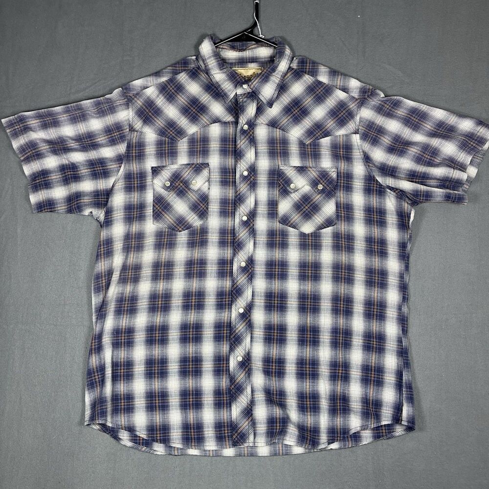 VTG Wrangler Mens XL Plaid Short Sleeve Western Pearl Snap Shirt Sawtooth Glam